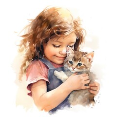 Watercolor Clipart Little Girl and Kitten Cat Heartwarming Moments of Childhood