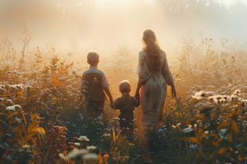 A mother leads her two young children through a misty autumn field, their colorful clothes blending with the vibrant flowers as they embrace the beauty of nature together