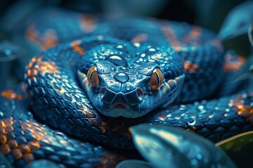 An enigmatic blue serpent with piercing yellow gaze, embodying the duality of its mammalian and reptilian nature, slithers through the tangled foliage, captivating and intriguing all who lay eyes upo - obrazy, fototapety, plakaty