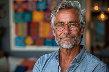 A jovial senior man, adorned in glasses and a distinguished beard, radiates warmth and happiness with his genuine smile and well-worn wrinkles - obrazy, fototapety, plakaty