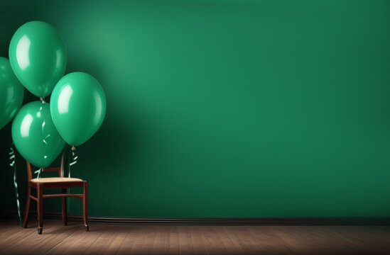Emerald colored balloons on green wall interior background. Festive backdrop. Set of foil balloons with curly ribbons. Valentine's Day, wedding, birthday party decoration. Front view. Copy space