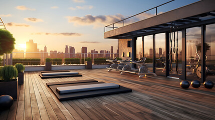 A gym layout for a rooftop gym, offering panoramic city views and outdoor exercise equipment.