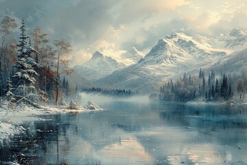 A winter wonderland awaits at a serene lake, surrounded by snow-covered trees and majestic mountains under a cloudy sky, with its reflection glimmering on the tranquil waters - obrazy, fototapety, plakaty