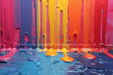 A vibrant orange river of fluid art cascades down a wall, dripping with colorful drops and abstract shapes, evoking a sense of fluidity and creative expression - obrazy, fototapety, plakaty