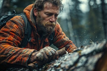 A rugged lumberjack bravely battles nature's elements, his determined face adorned with a thick beard and mustache, as he wields his axe to fell a towering tree in the great outdoors - obrazy, fototapety, plakaty