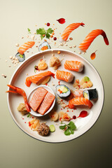 Delicious sushi plate with levitating pieces of shrimp and fish on a gradient light green background