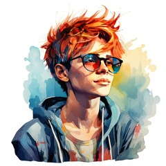 Unapologetic Generation High School Boy with Funky Colored Hair Watercolor Clipart