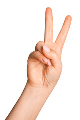 Female hand with fingers in the form of a letter V. On a blank background