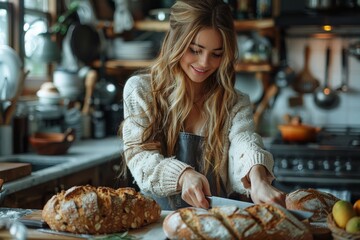 A determined woman dressed in a cozy apron slices fresh bread in a bustling kitchen, preparing a comforting meal with love and skill - obrazy, fototapety, plakaty