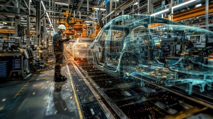 Obraz premium double exposure of car engineer and automotive part