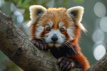 A curious red panda perches on a tree branch, its fluffy snout quivering with excitement as it...