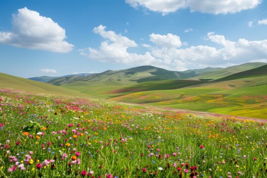 Rolling hills covered in wildflowers during spring, vibrant colors, nature landscape photography © Nisit