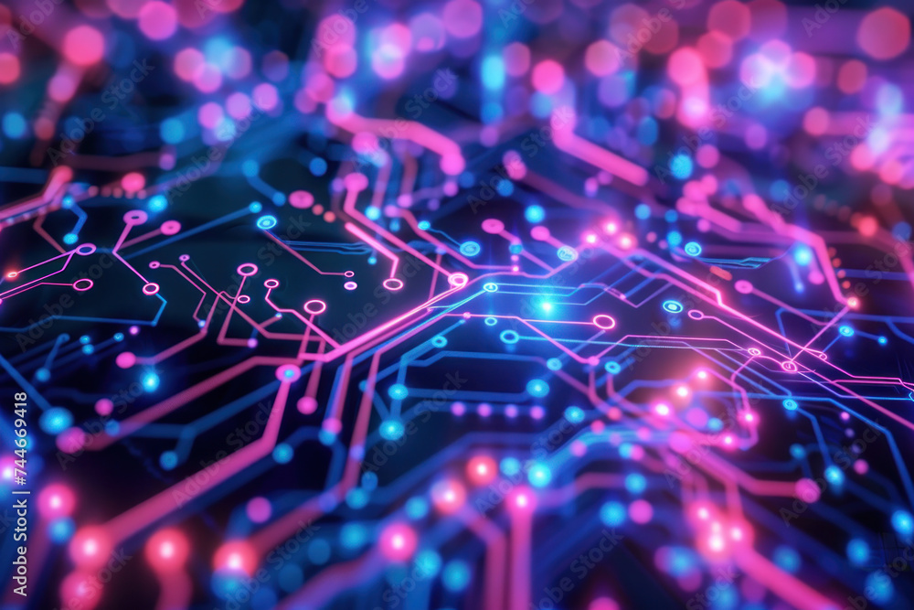 Poster abstract expression of digital connectivity, featuring circuit-like patterns and vibrant neon lights