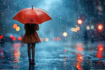 A woman stands alone in the rain, her red umbrella a beacon of light in the dark and wet night