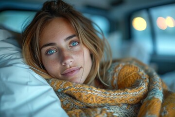 A young woman with piercing blue eyes gazes confidently at the camera, her skin glowing in the soft indoor light as she wraps a vibrant scarf around her neck, adding a touch of color to her otherwise
