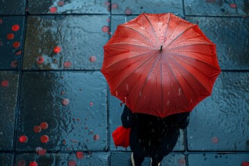 A vibrant red umbrella provides shelter from the pouring rain on a busy street, serving as both a practical accessory and a stylish statement