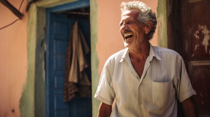 A happy laughing Pale elderly Man, a Grandfather near his old village house. Ordinary people, Working class, Lifestyle concepts.