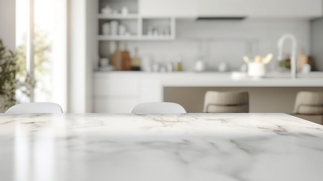 Minimal white marble kitchen table with copy space.