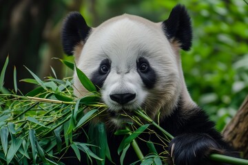 a panda bear eating bamboo