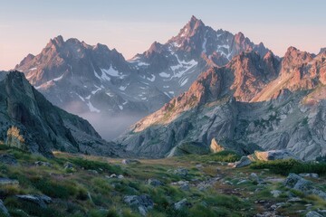 Fototapeta na wymiar Majestic mountain range with sunrise, clear skies, nature landscape photography style 