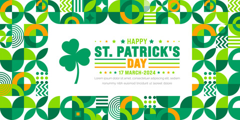 17 March is Happy St. Patrick's day geometric shape pattern  background with green leaves background template. St Patrick day or saint Patrick day 2024 banner.