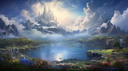 Fantasy Landscape A World of Mythical Creatures and Floating Islands - obrazy, fototapety, plakaty