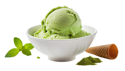 Scoop of mint ice cream with spoon isolated on transparent background - obrazy, fototapety, plakaty