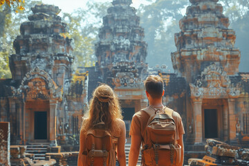 Fototapeta premium Back view of young couple tourists with backpacks looking at ruins of ancient asian temple