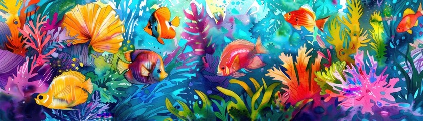 Naklejka premium Aquatic Euphony: Vibrant Watercolor Underwater Symphony