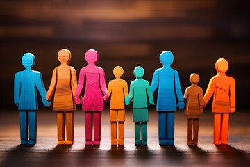 Different coloured wooden group of people from diverse culture holing hands. Multicultural, diversity, Social equality, Solidarity concept. Teamwork, cooperation, togetherness concept. 