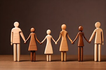 Different coloured wooden group of people from diverse culture holing hands. Multicultural, diversity, Social equality, Solidarity concept. Teamwork, cooperation, togetherness concept. 