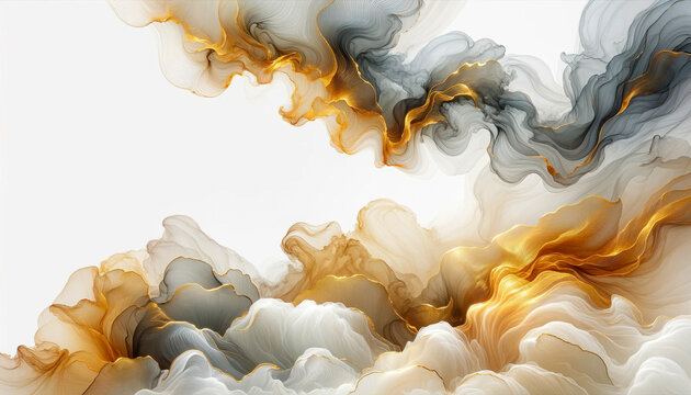 Abstract fluid flowing art by alcohol ink white tone and gold with copy space text. For banner, background in concept luxury, dreamy, heaven.