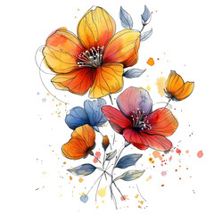 Artistic watercolor illustration of abstract flowers with vibrant splattered paint details on a white background, conveying a creative and joyful mood.