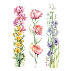 Obraz premium Watercolor painting of a vibrant wildflower meadow with colorful butterflies, depicting a serene natural landscape on a white background.