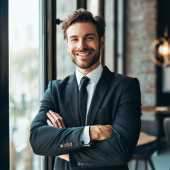 Portrait of successful businessman inside office in business suit, man with crossed arms smiling and looking at camera, experienced financier boss near window, investor - obrazy, fototapety, plakaty