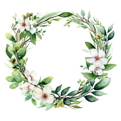 Naklejka premium Circular watercolor wreath of flowers and leaves , artistic and decorative.