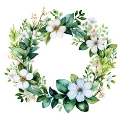 Circular watercolor wreath of flowers and leaves , artistic and decorative.