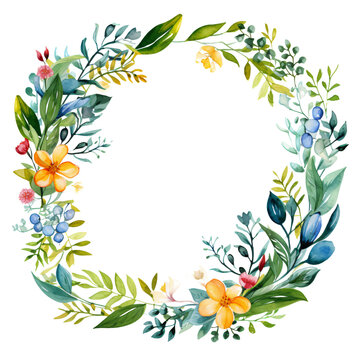 Circular watercolor wreath of flowers and leaves , artistic and decorative. © Cook