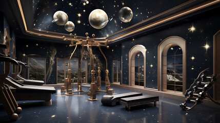 A gym with a celestial theme, inspired by the cosmos and astronomy, featuring starry decor and celestial workout zones.