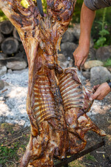 Cutting the lamb ribs on the spit to serve on plates. Argentine barbecue, Patagonia.
