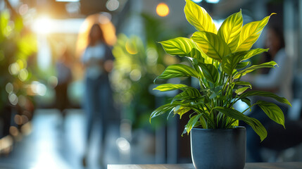Plant on a table in a modern and ecofriendly office, environmentally friendly work environment. Business people on a blurred background.