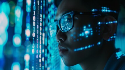 Portrait of Asian Startup Digital Entrepreneur Working on Computer, Line of Code Projected on His Face and Reflecting in Glasses. Developer Working on Innovative e-Commerce App using AI and Big Data.