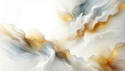 Abstract fluid flowing art by alcohol ink white tone and gold with copy space text. For banner, background in concept luxury, dreamy, heaven.
