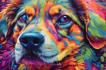 Psychedelic art with a close-up view of a dog adorned in vibrant striped patterns