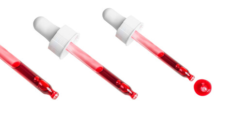 Set.Pipette with red liquid acids, or serum. On a blank background