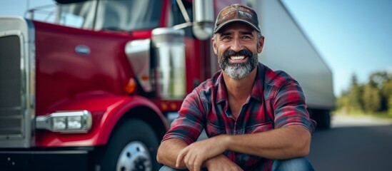 Portrait of smiling caucasian truck driver posing near freight truck