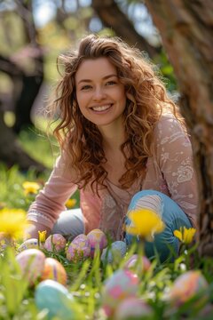 Attractive young woman in the park or in the garden with Easter eggs, lovely colorful painted traditional chocolate eggs, a mother hiding them or a girl finding them, sunny happy Easter egg hunt