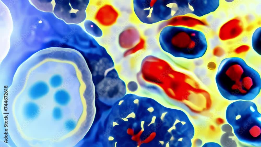 Poster abstract microscopic structures resembling cells with bright neon lighting. concept: visualization o