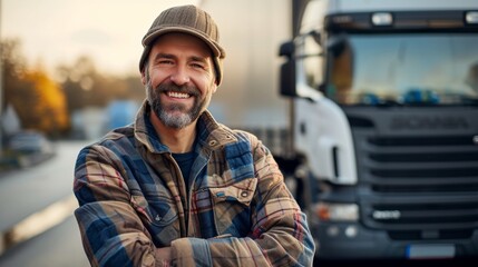 Portrait of smiling caucasian truck driver with freight truck at the background