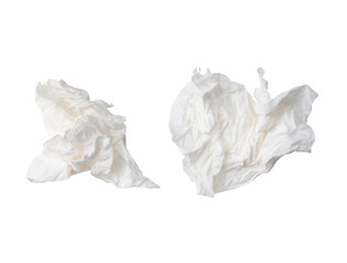 Top view set of crumpled tissue paper or napkin paper after use in toilet or restroom isolated with...